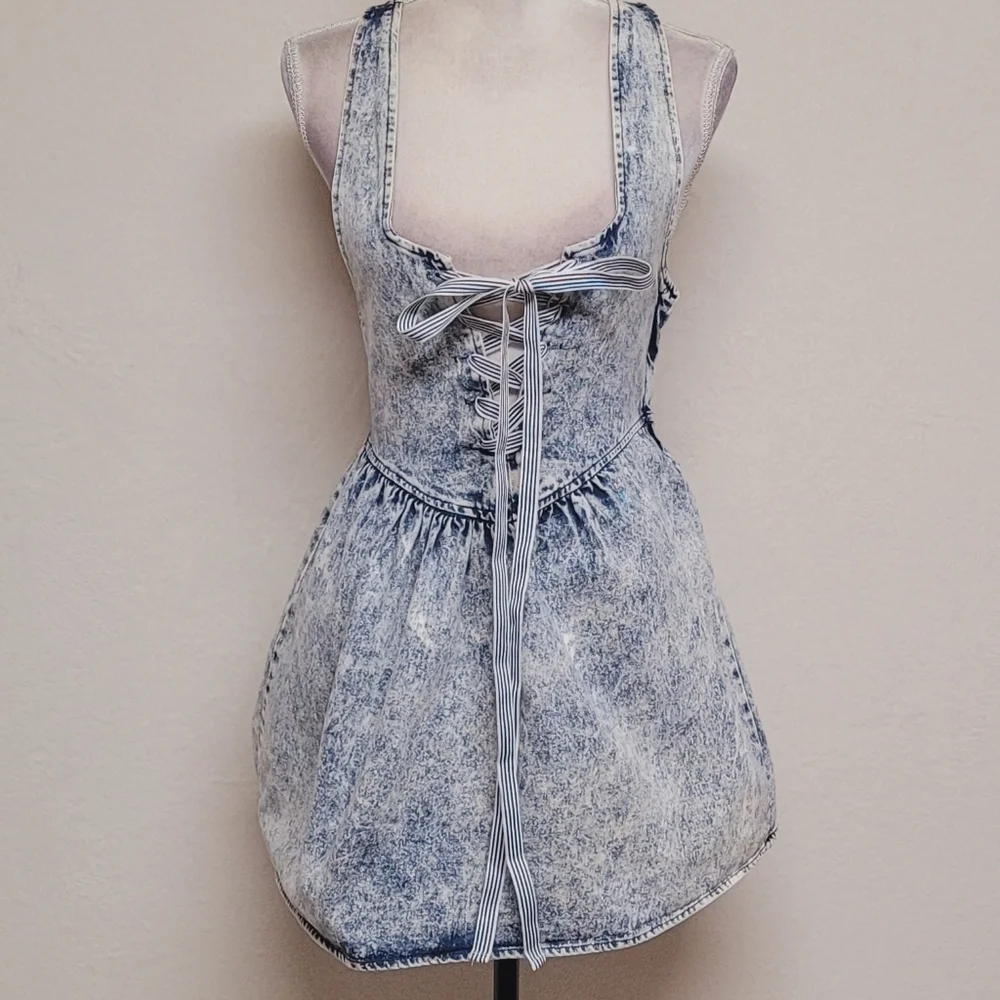 80s Vintage Amy Too Byer California Acid Wash Cotton Lace-up Mini Skater Dress S - Picture 4 of 16